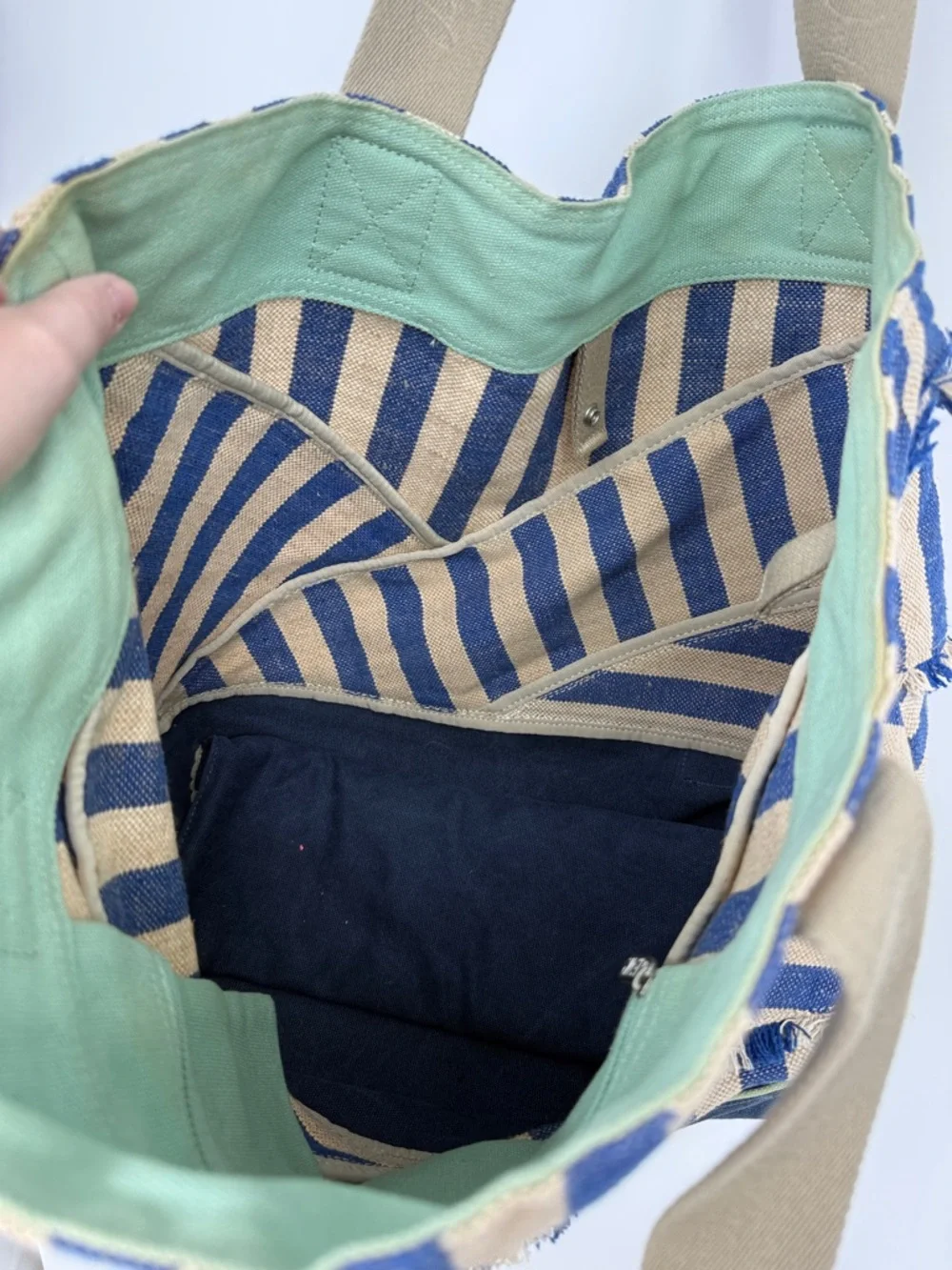 TOMS Blue and Beige Striped “Lakeside” Canvas Tote Bag